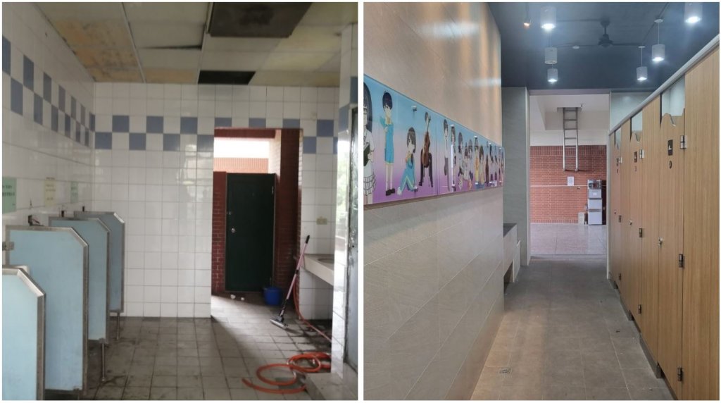 彰化縣成功高中廁所漏水情形嚴重，輕鋼架也出現鏽蝕（左），整修後（右）煥然一新。教育部提供