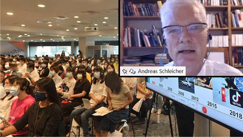 ▲人在法國的PISA負責人安德列・史萊賀越洋連線，與論壇現場近五百位家長、老師分享後疫情下的國際數位教學觀察。黃建賓攝